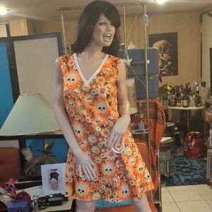Vibrant Orange Floral Skull Mini Dress